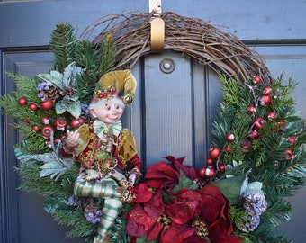 Elf Wreath, Christmas Elf Wreath, Christmas Wreath, Winter Elf Wreath, Poinsettia Wreath, Winter Elf Wreath