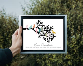 May include: A framed print featuring a black silhouette of a tree branch with colourful birds perched on it. The text "Our Grandkids" is written below the tree with a list of names: Addison, Quinn, Zayn, Nathan, Hazel, Nyla, Sidney, Brody, Brooklyn, and Makonno.