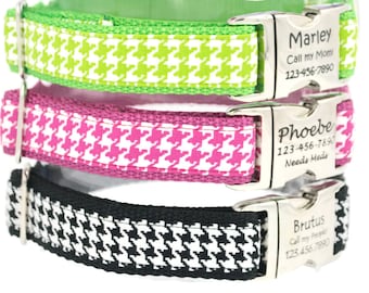 Houndstooth Personalized Dog Collars, Laser Engraved Name Plate, Small Dog, Large Dog,