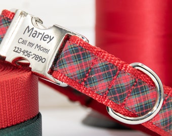 Red Christmas Tartan Plaid Dog Collar / Adjustable Dog Collar Personalized w/ Laser Engraved Metal Buckle / Boy Collar / Girl Collar