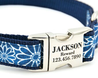 Blue Jean Flower Engraved Dog Collar with Personalized Metal Buckle