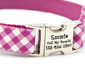 Pink Buffalo Plaid Dog Collar Personalized with a Laser Engraved Metal Buckle