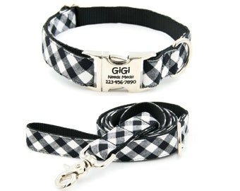 Black and White Buffalo Plaid Collar & Leash Set / Puppy Collar / Small Dog Collar / Large Dog Collar / Girl Dog Collar / Boy Dog Collar