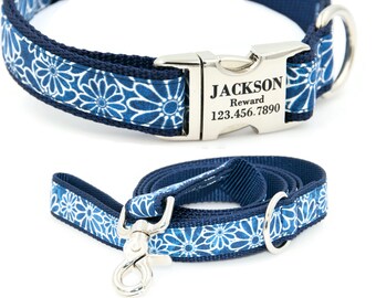 Blue Flower Dog Collar & Leash Set | Spring Dog Collar | Laser Engraved Buckle | Large, Medium, Small, Tiny, Extra Large girl dog