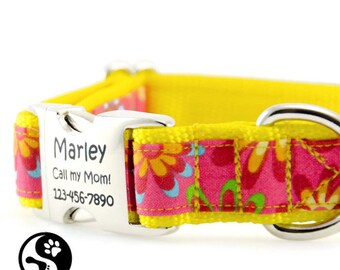 Yellow Personalized Dog Collars / Dog Collar for Girls / Laser Engraved Name Plate Dog Collars / Large Dog Collars / Small Dog Collars