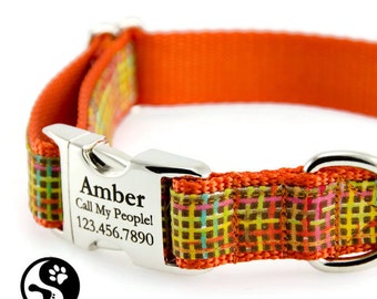 Madras Plaid Personalized Dog Collars, Laser Engraved Name Plate,