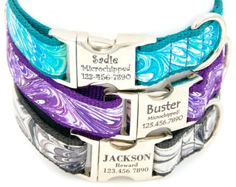 Marble Fabric Engraved Dog Collar w/ Personalized Laser Engraved Buckle / Personalized Dog Collars / Teal Dog Collar / Purple Dog Collar