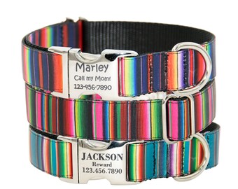 Striped Personalized Dog Collar / Girl Dog Collar / Boy Dog Collar / Jewel Tones / Adjustable