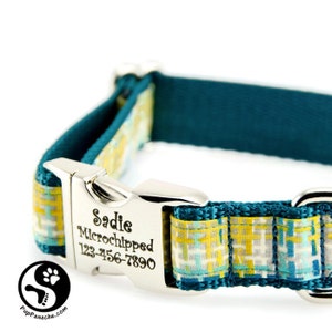 Madras Plaid Personalized Dog Collars, Laser Engraved Name Plate,