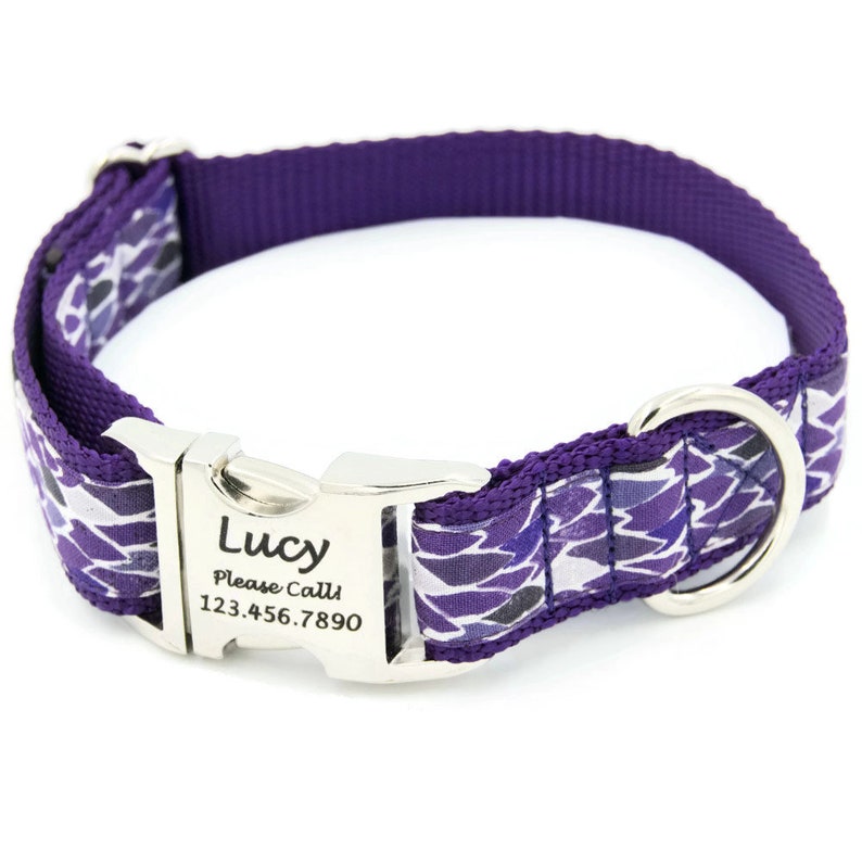 Purple Feather Engraved Dog Collar With Laser Engraved Buckle Etsy