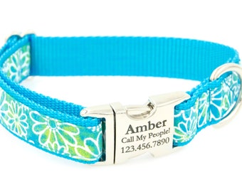 Turquoise Flower Dog Collar | Perfect for Girl Dog! | Laser Engraved with your info *