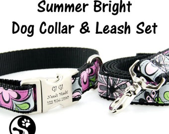 Summer Bright Personalized Dog Collar and Leash Set, Laser Engraved Pet ID Name Plate