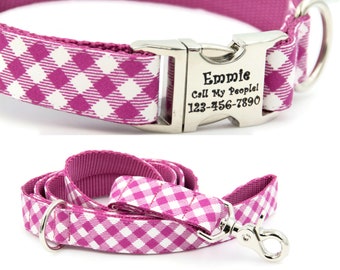 Pink Plaid Dog Collar and Leash Set Engraved with your name and phone number