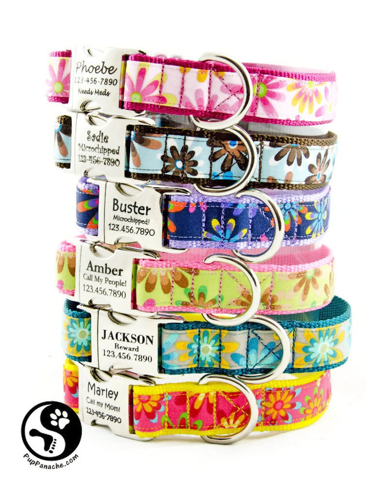 Flower Power Personalized Dog Collar, adjustable, with Custom Laser Engraved Pet ID, Perfect for Large Dog, Small Dog, Girl Dog