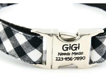 Black and White Buffalo Check Engraved Buckle Dog Collar