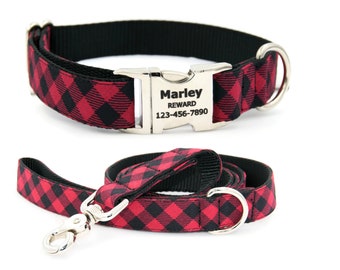 Buffalo Plaid Christmas Dog Collar and Leash Set Personalized with Engraved Pet ID info Perfect for the Holidays