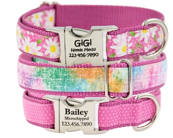Pretty in Pink Personalized Dog Collars with Laser Engraved Buckle / Girl Dog Collars / Polka Dots / Daisy