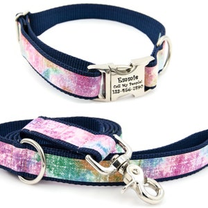 Monet Print Dog Collar and Lead Personalized with Laser Engraved Metal Buckle, Adjustable, Perfect Dog Lover Gift for Small or Large Dog image 1