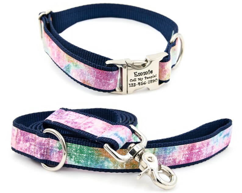 Monet Print Dog Collar and Lead Personalized with Laser Engraved Metal Buckle, Adjustable, Perfect Dog Lover Gift for Small or Large Dog image 1