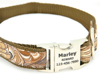 Marble Fabric Engraved Dog Collar w/ Personalized Laser Engraved Buckle / Personalized Dog Collars / Brown Dog Collar / Blue Dog Collar