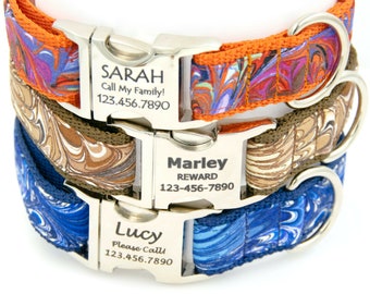 Marble Fabric Engraved Dog Collar w/ Personalized Laser Engraved Buckle / Personalized Dog Collars / Orange Dog Collar / Blue Dog Collar