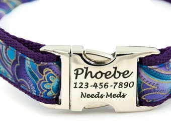 Purple Paisley Dog Collar / Laser Engraved Name Plate Dog Collar