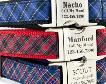 Tartan Plaid Dog Collar, -- Adjustable Dog Collar Personalized with a Laser Engraved Metal Buckle  -- Perfect for Boy Dog or Girl Dog