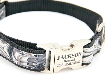 Marble Fabric Engraved Dog Collar w/ Personalized Laser Engraved Buckle / Personalized Dog Collars / Black Dog Collar / Blue Dog Collar