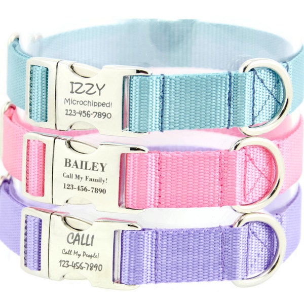 Personalized Dog Collar with Laser Engraved Name Plate -- Pink, Ocean Blue,  Lavender Adjustable Dog Collar for Boy Dog or Girl Dog