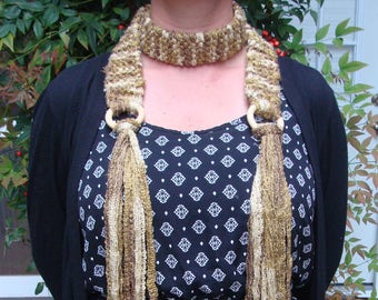 DIY - Knitting PATTERN  #157: Scarf Necklace and Belt Pattern with wood rings and fringe, 2 patterns in one - PDF Digital Pattern