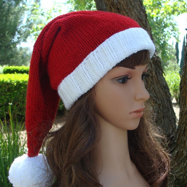 DIY- Knitting PATTERN #34: Ho Ho Ho Santa Knit Hat with fold up brim and Pom- pom Pattern, Size Teen/Adult - PDF Digital Pattern