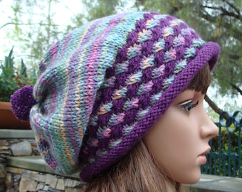 DIY - Knitting PATTERN #220: Knit Hat with Pom-pom Pattern, slouchy knit hat pattern, Knit French beret pattern - PDF Digital Pattern