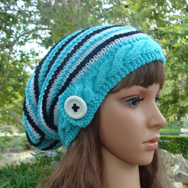 DIY - Knitting PATTERN #176: Cable Band Striped Slouchy, Knit Slouchy Pattern, Knit Hat Pattern - Instant Download PDF Digital Pattern