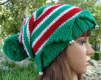 DIY- Knitting PATTERN #171:  Santa's Little Elf Knit Hat with Bells and  Pom-pom Pattern, Elf hat pattern, Size Teen/Adult - Digital Pattern