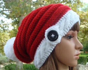DIY- Knitting Pattern #24 Santa Cable-band Beehive Slouchy with Pom-Pom Pattern, Santa hat pattern, Size Teen/Adult, PDF Digital Pattern