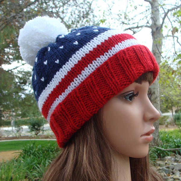 DIY- Knitting PATTERN #189: 4TH Of July Patriotic Knit Beanie Pattern, American flag beanie pattern, Size Teen/Adult - Digital Pattern