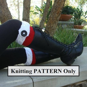 May include: Black leather boots with a knitted leg warmer pattern. The leg warmers are white with a red stripe and a black button. The text "Knitting PATTERN Only" is displayed on the image.