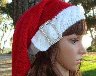 DIY- Knitting PATTERN #85:  Ho Ho Ho Bling Santa Cable Band Knit Hat with Pom-pom, Santa Hat Pattern, Size Teen/Adult - PDF Digital Pattern