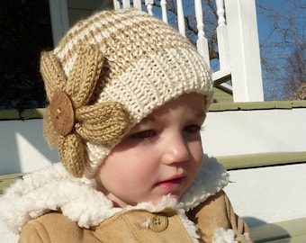 DIY- Knitting PATTERN #110: Children's striped knit beanie with knit flower pattern, knit flower hat, Instant Download PDF Digital Pattern