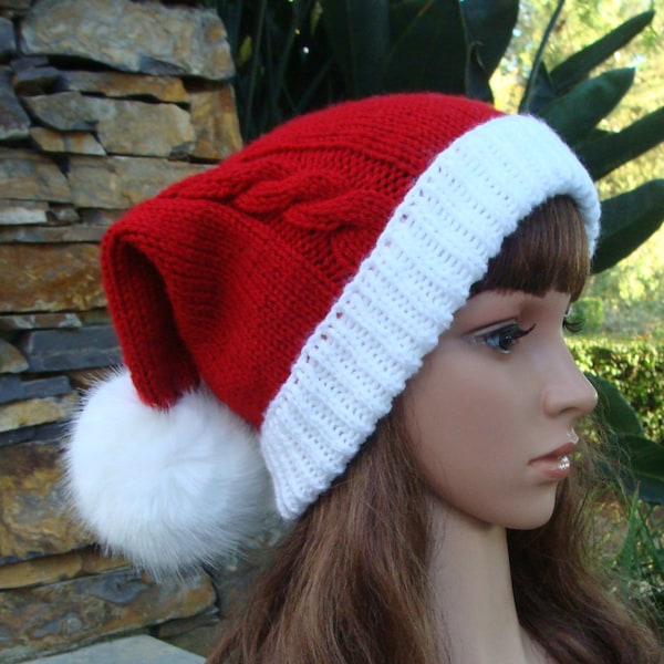 DIY- Tricot PATTERN #143: Big Bang Theory Penny's Christmas (Look-a-like) Double Tailed Cable Pom-pom Santa Hat Pattern - Digital Pattern