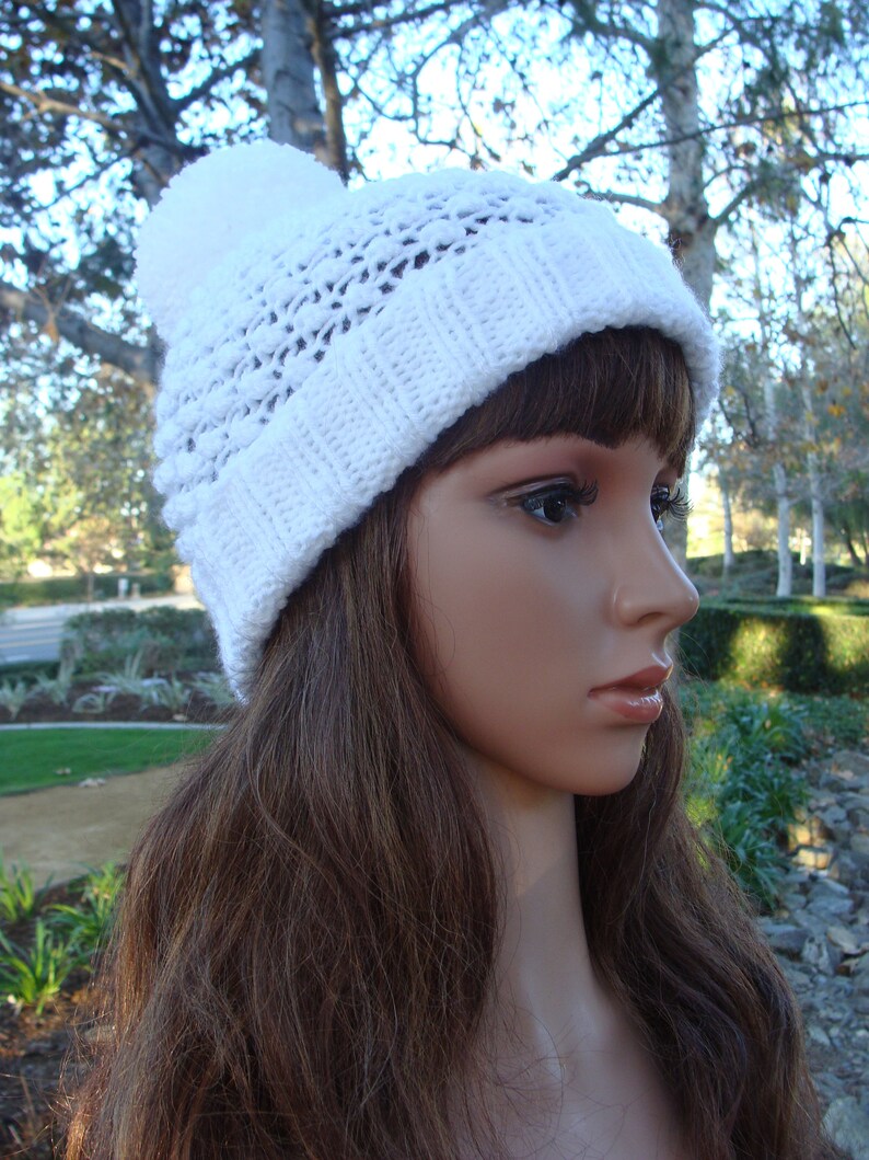TeenAdult with a 21-23 inch head circumference Ready to Ship: Hand Knit Beanie with fold up brim /& Pom-pom Knit Beanie Beanie
