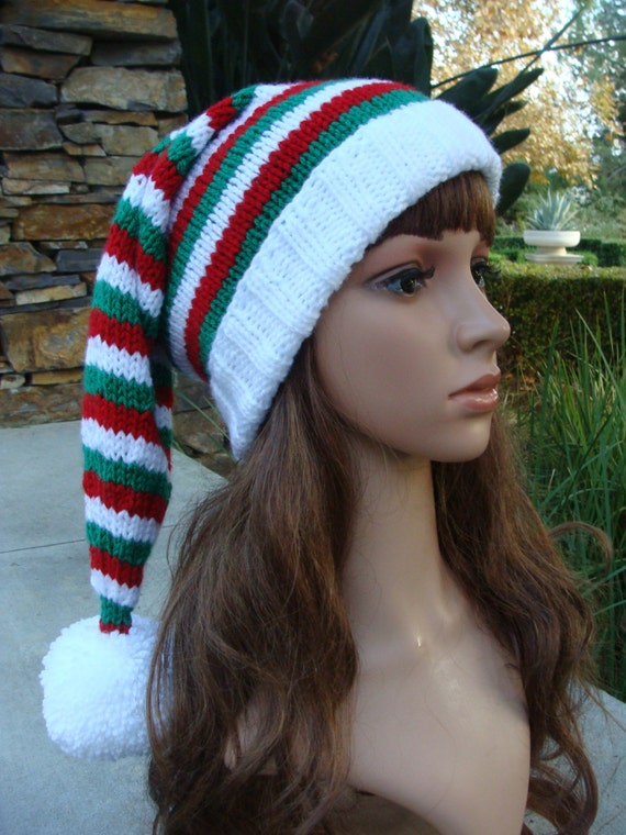 Diy Knitting Pattern 62 Ho Ho Ho Red White And Green Striped Santa Hat Pattern Knit Santa Hat Pattern Teen Adult Digital Pattern