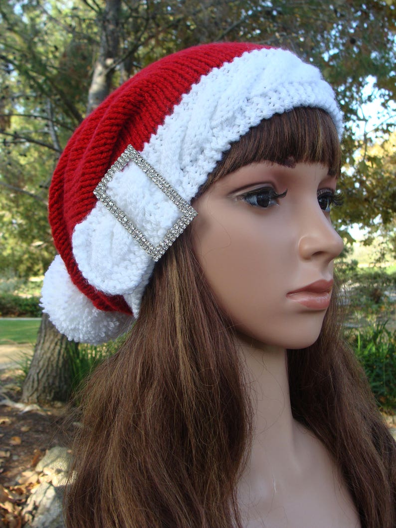 Santa Hat Bling Santa Cable Band Knit Hat with Pom-pom Size TeenAdult