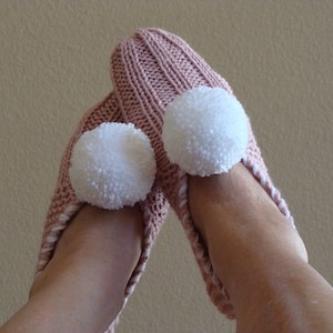 DIY - Knitting PATTERN #104: Pom-pom Knit Slippers with embellishing along top edge Pattern, Womens shoe sizes 6-9 - PDF Knit Pattern