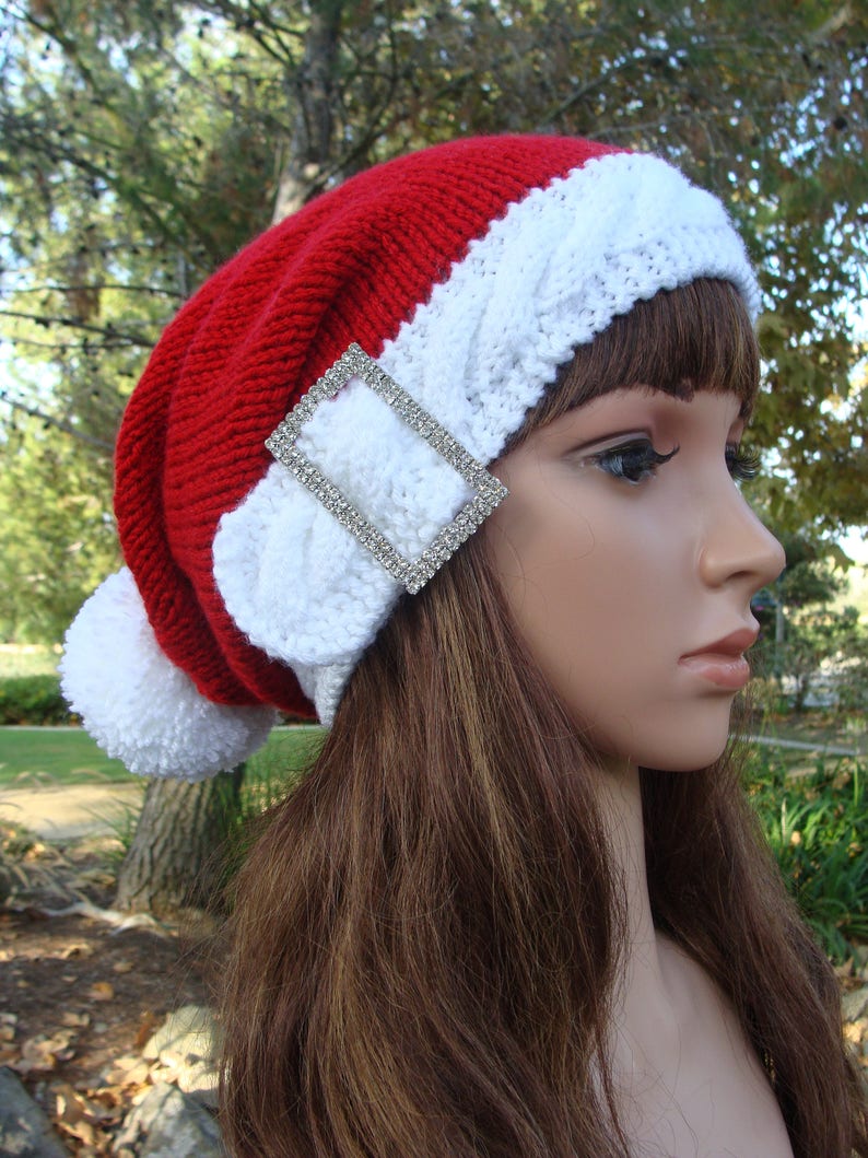 Santa Hat Bling Santa Cable Band Knit Hat with Pom-pom Size TeenAdult