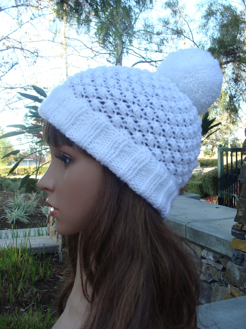 TeenAdult with a 21-23 inch head circumference Ready to Ship: Hand Knit Beanie with fold up brim /& Pom-pom Knit Beanie Beanie
