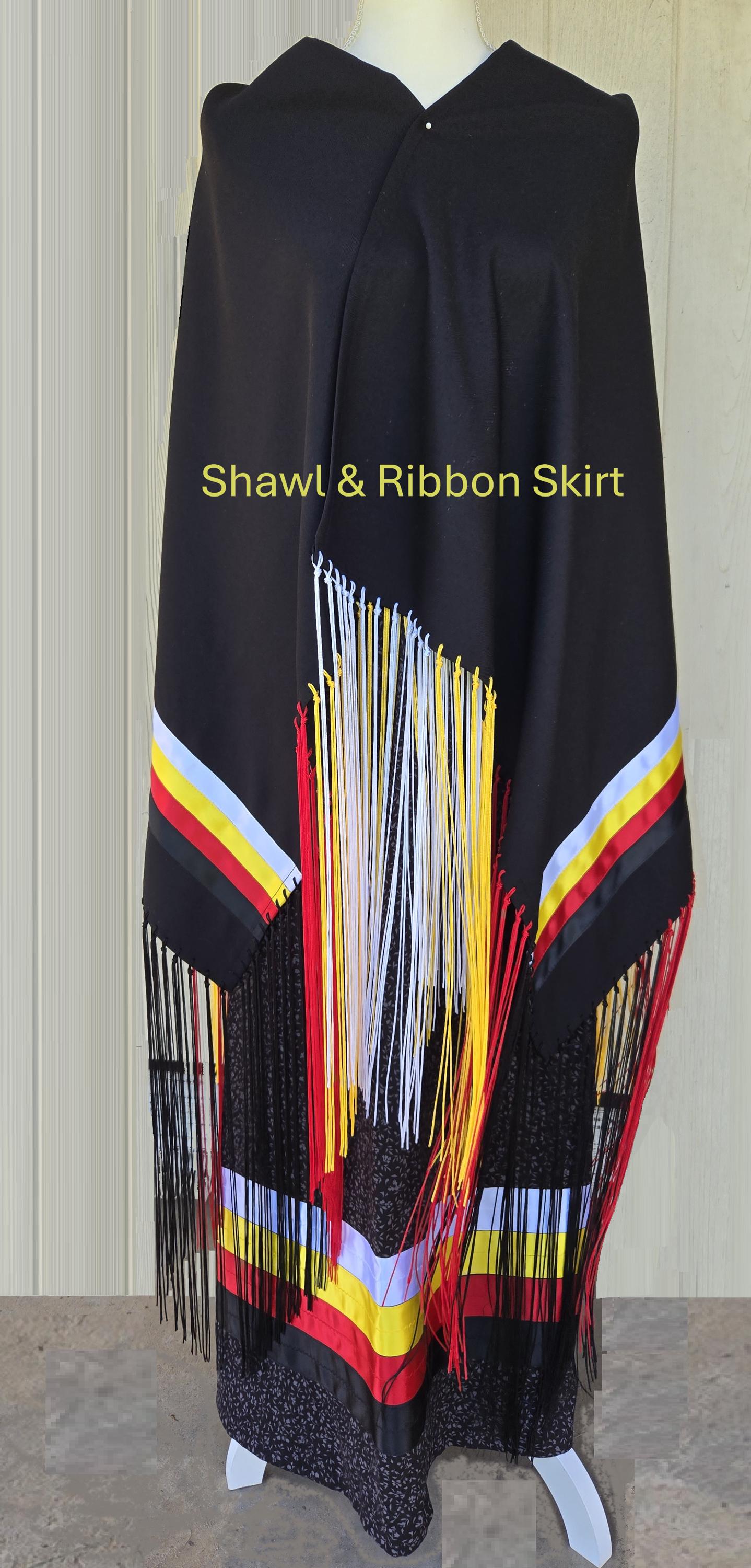 Four Directions Ribbon Skirt & Shawl;  Yoga Style Waist; Pow Wow Dance Shawl