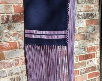 Pow Wow Shawl w Ribbon -Navy & Violet - Gabardine, Native American Dance Shawl - Up to 28x56"