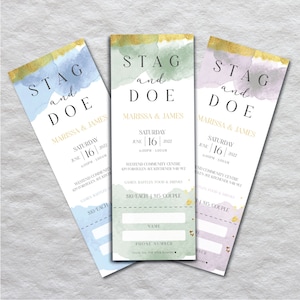 Watercolour Stag & Doe Ticket // Watercolour Jack and Jill Ticket // Jade, Pink, Blue and gold
