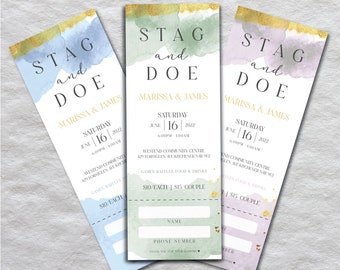 Watercolour Stag & Doe Ticket // Watercolour Jack and Jill Ticket // Jade, Pink, Blue and gold